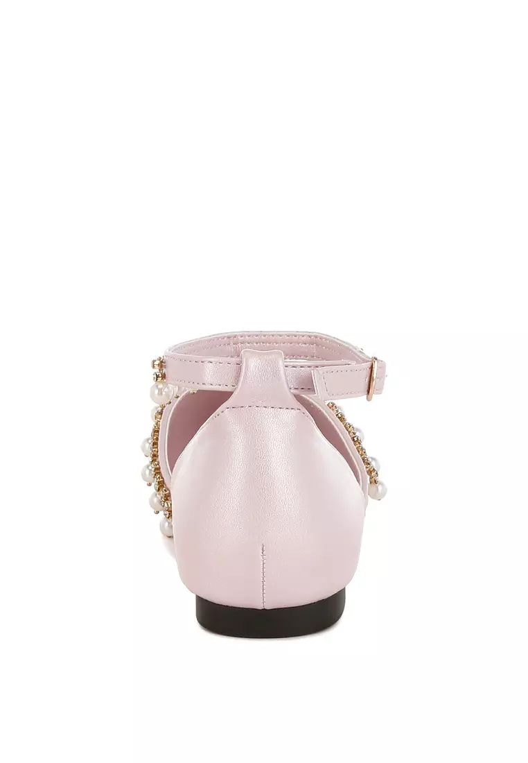 粉紅水鑽&珍珠踝帶平底涼鞋