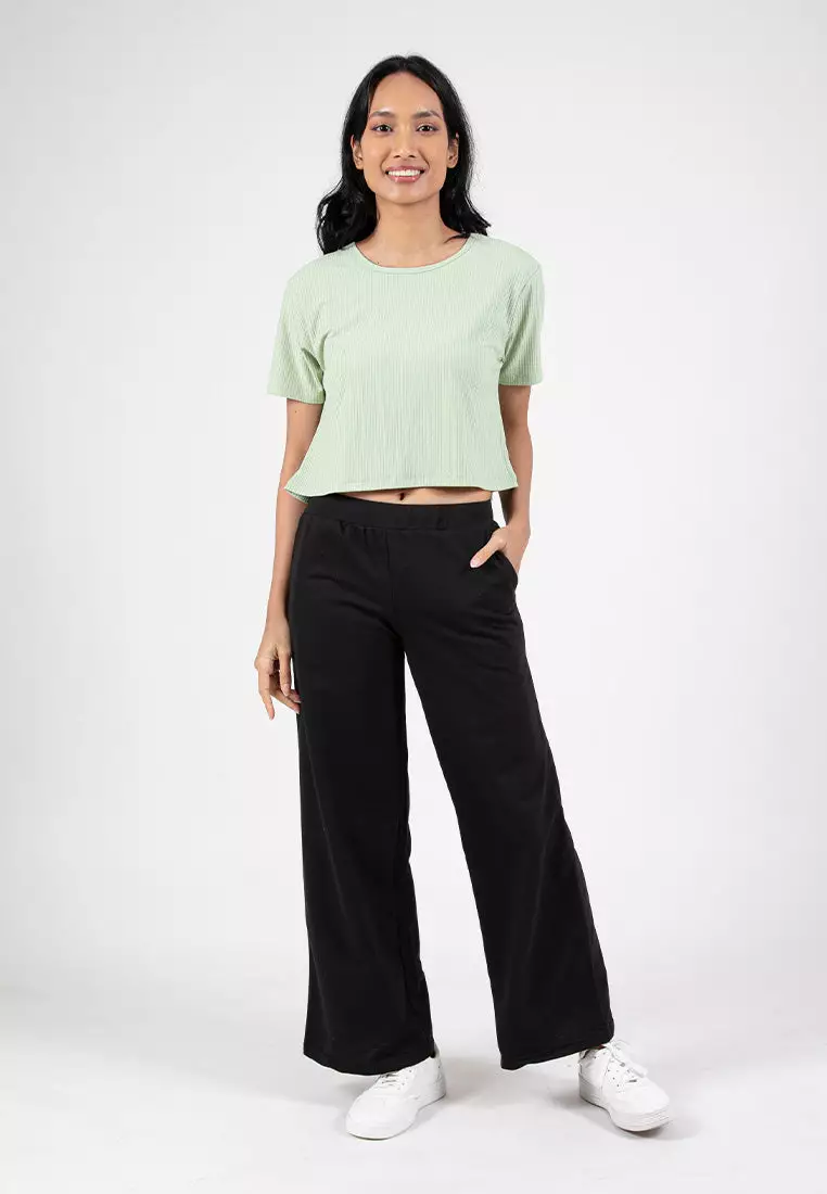 Forest Ladies Cotton Terry Wide Leg Pants Women Casual Long Pants - 810544-01Black