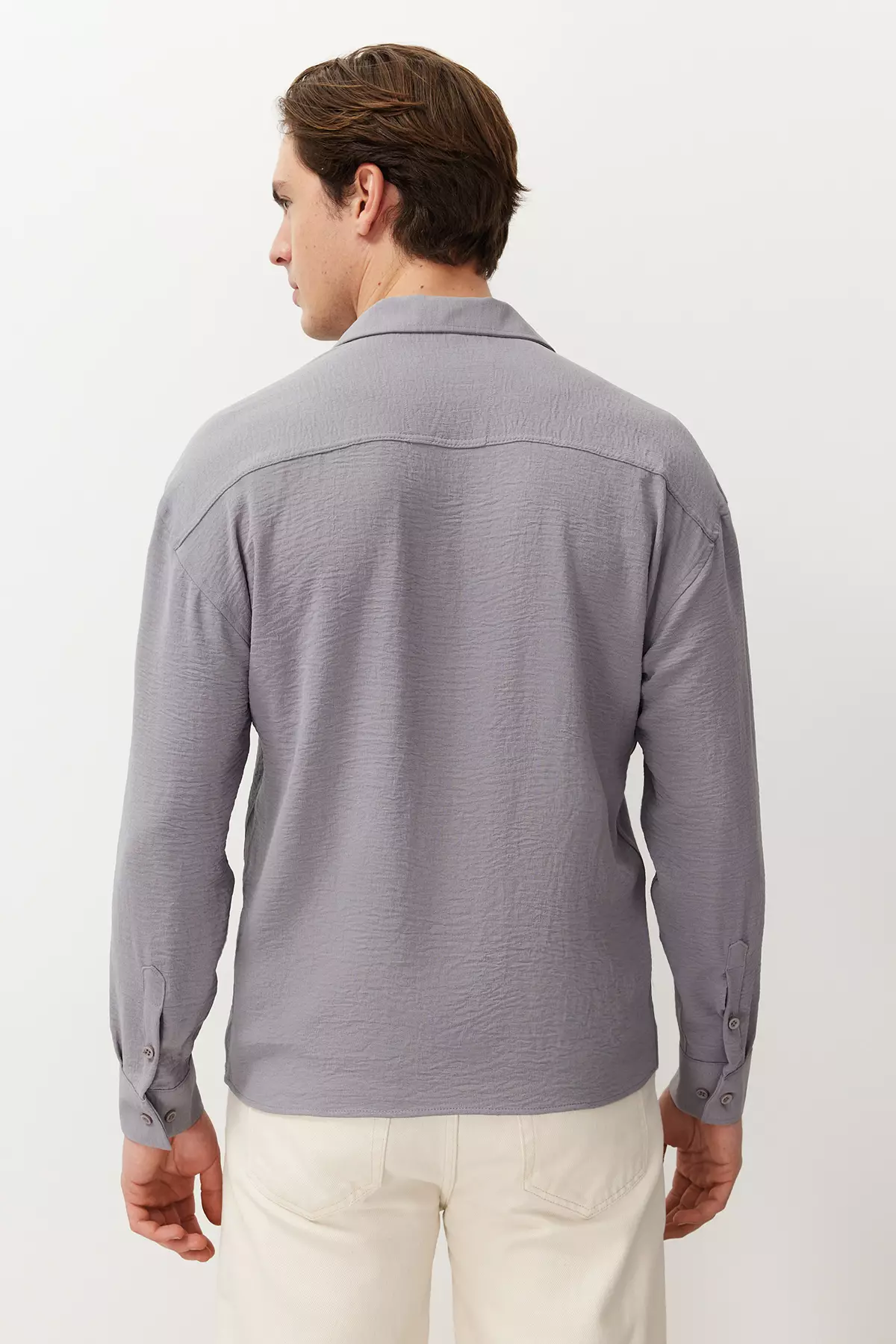 Light Gray Oversize Summer Linen Look Shirt - Apache Collar Tmnss23Go00053