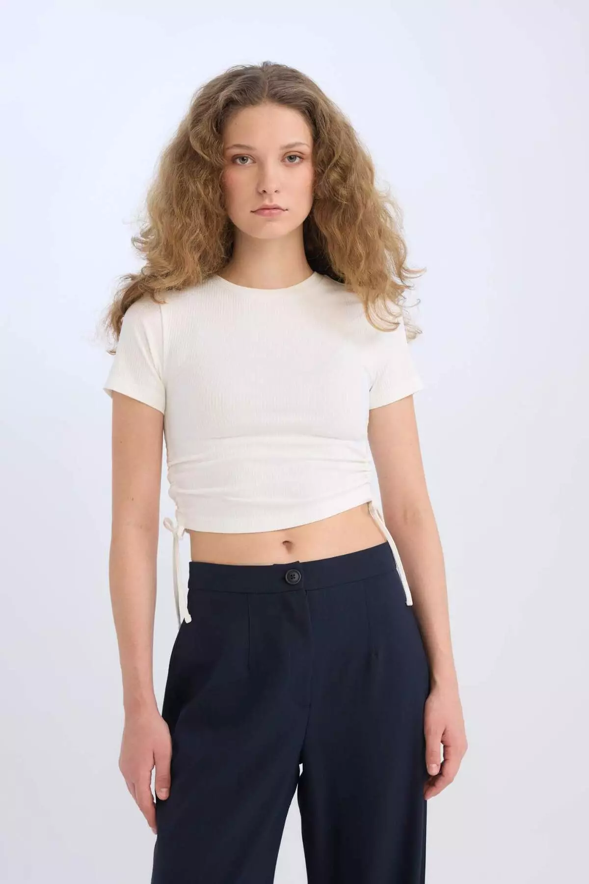 Fitted Polo Neck Basic Plain Ribbed Camisole Short Sleeve T-Shirt A0379Ax25Sm