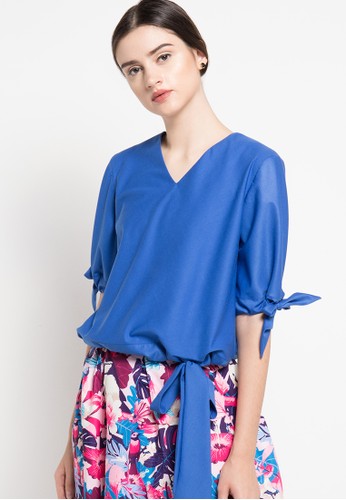 Cotton Blouse with Bow Tie in Royal Blue