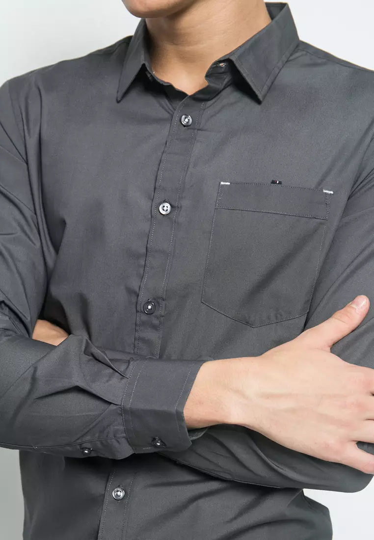 Johnwin - Kemeja Casual - Kemeja Pria - Polos - Lengan Panjang - Abu - Slim Fit - ASH.670.K871.769.C