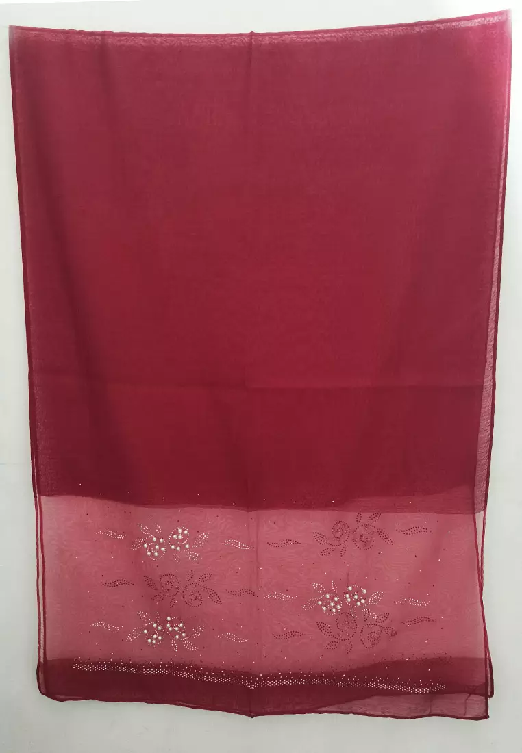 Aksesoris Syal Pesta Wanita Pearly Studs Embellish Floral Silk Shawl Syal Sutra Wanita Evening Shawl Red Heart
