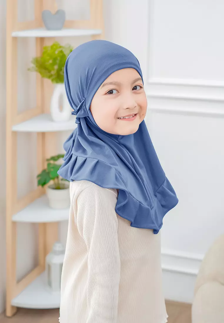 Cotton Bee - Ziva Ruffle Instan | Hijab Instan Anak | Kerudung Jilbab Bergo Tali Anak - River Blue - M