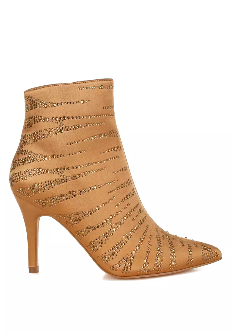 London Rag Satin Rhinestone Ankle Party Boots in Brown
