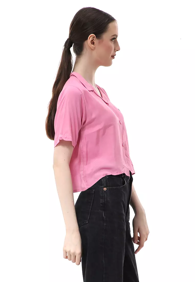 Melinda Kemeja Crop Top Atasan Wanita Motif Polos Relaxed Fit - Pink
