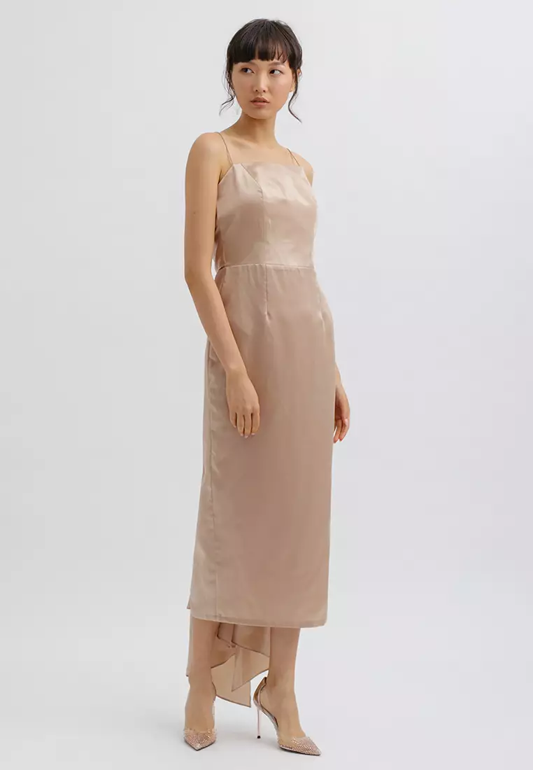 Square Neck Backless Tied Midi Dress in Gold