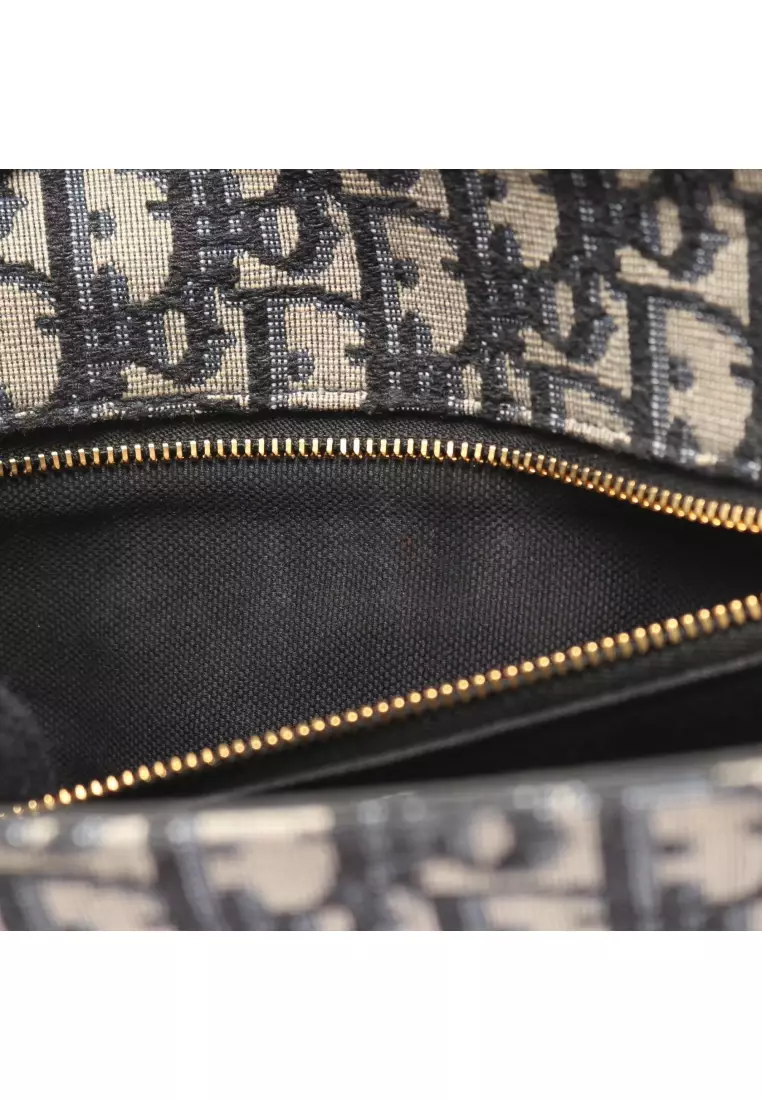 Pre-Loved Christian Dior 30 MONTAIGNE Montaigne oblique jacquard chain shoulder bag canvas leather light beige Navy black