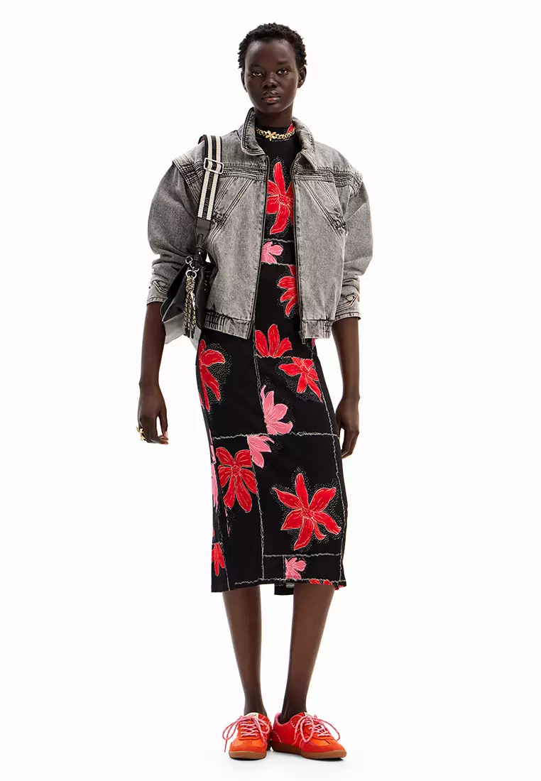 Desigual Woman Ribbed floral midi dress.