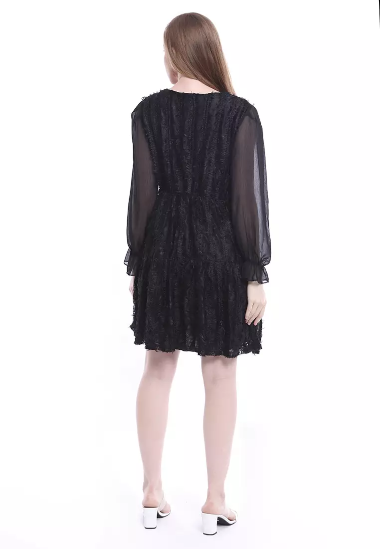 Ariel Mini Dress Wanita Long Sleeves Baju With Furry Design Elegant Regular Fit - Black