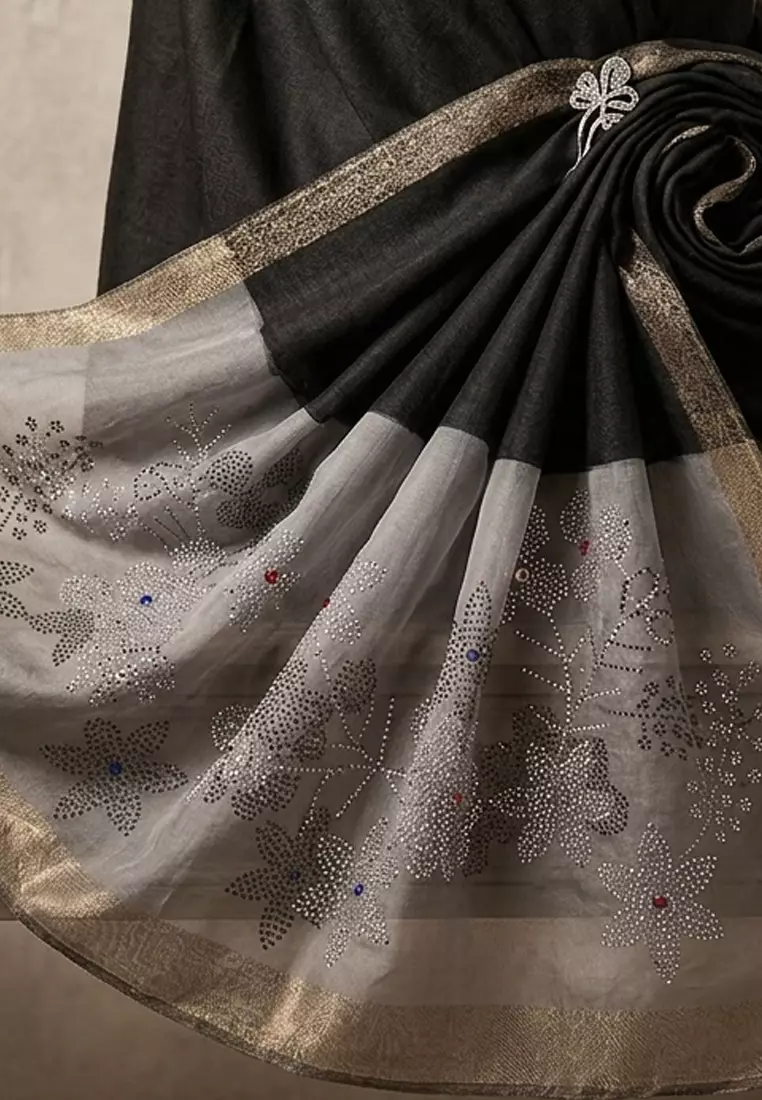 Aksesoris Syal Pesta Wanita Floral Pattern Studs Embellish Silk Shawl Syal Sutra Wanita Evening Shawl Black