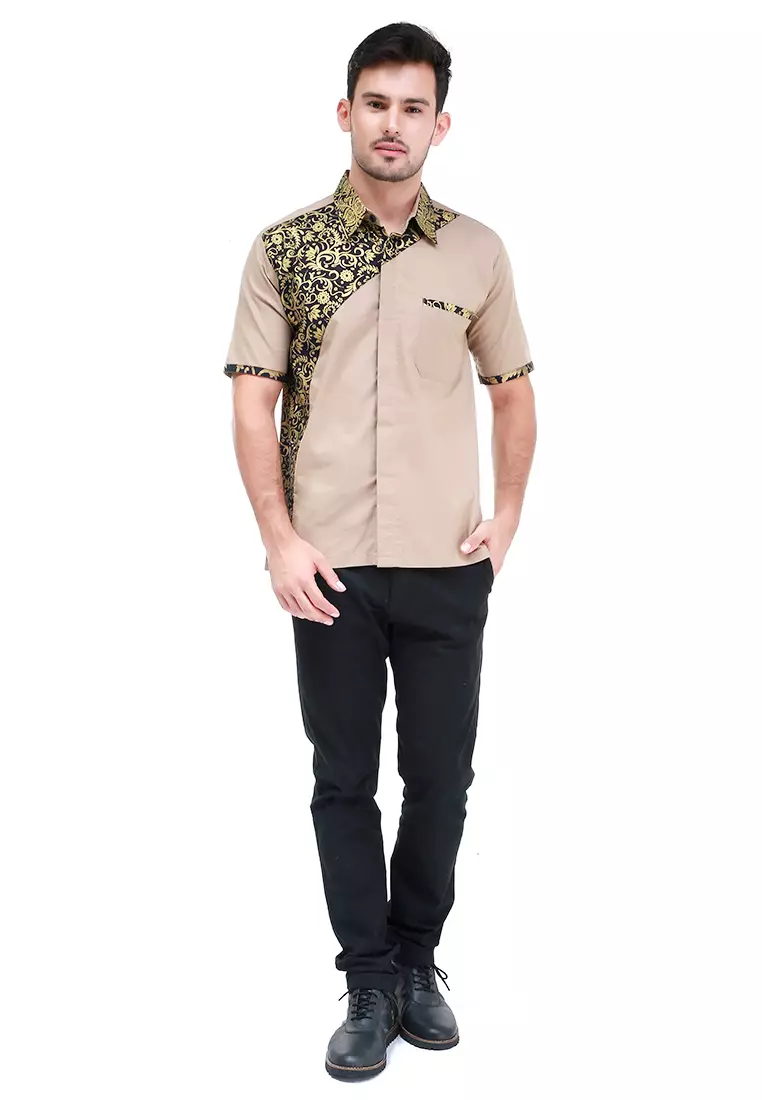 Dwan Kemeja Batik Pria Right Side Atasan Formal Shortsleeve Shirt Material Cotton ORIGINAL - Cream