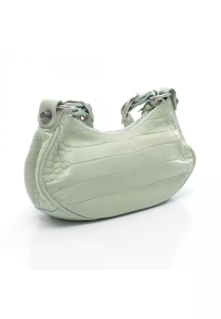 Pre-Loved BALENCIAGA LE CAGOLE Le Cagoule Shoulder bag leather Light green croc embossed