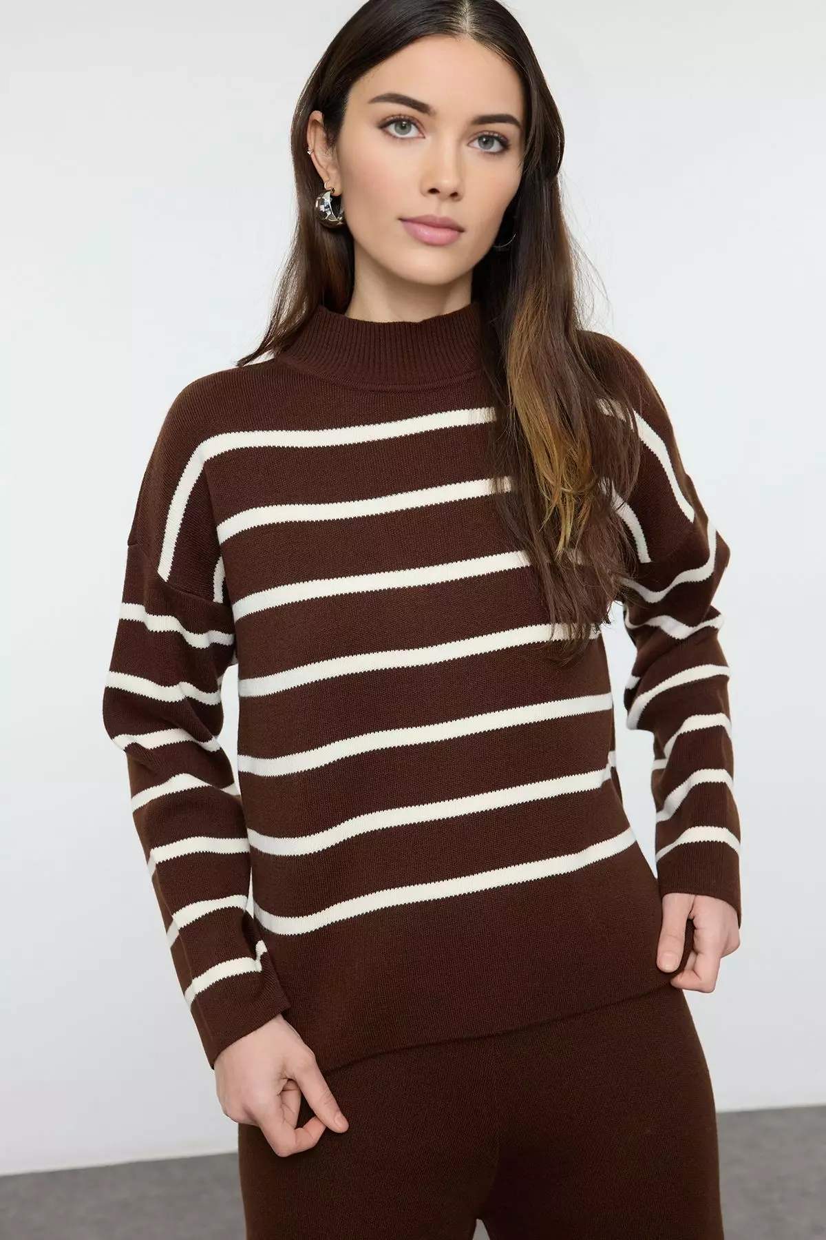 Brown Striped Knitted Trousers Bottom-Top Set Twoaw24Au00045