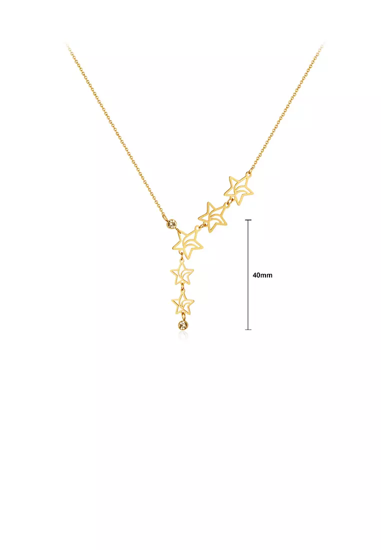 Fashion and Simple Plated Gold 316L Stainless Steel Hollow Star Tassel Pendant with Cubic Zirconia and Necklace