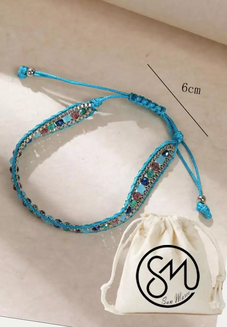 Aksesoris Gelang Wanita Crystals Beads Embellish Macrame Bracelet Blue & Multi
