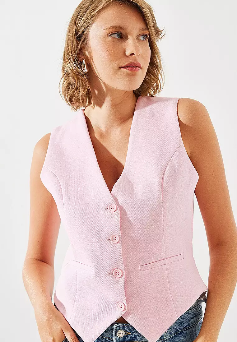 Back Belt Detailed Lined Linen Vest