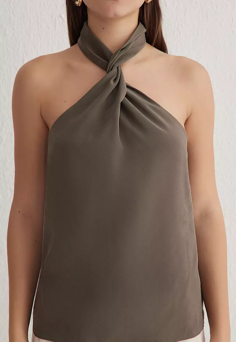 Khaki Halter Neck Knotted Woven Blouse