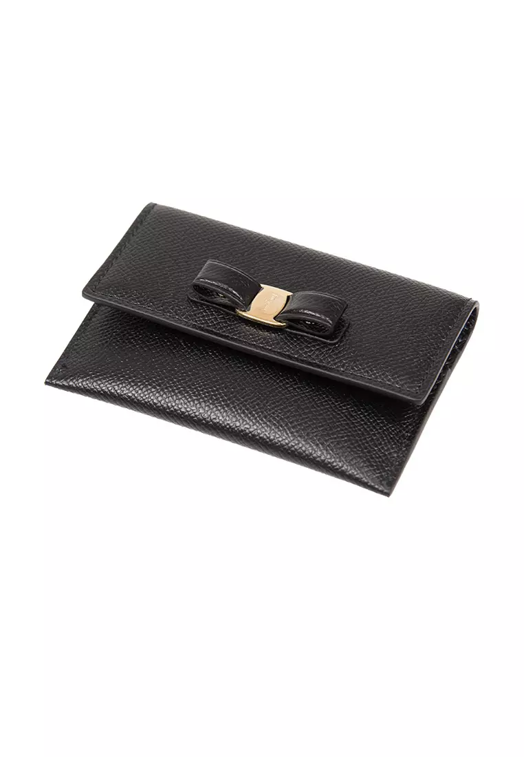 Ferragamo Vara Bow Calf Leather Small Card Holder Black 683522