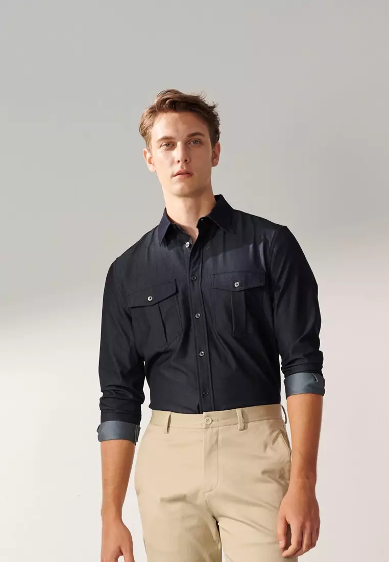 夜幕藍雙口袋休閒牛仔襯衫