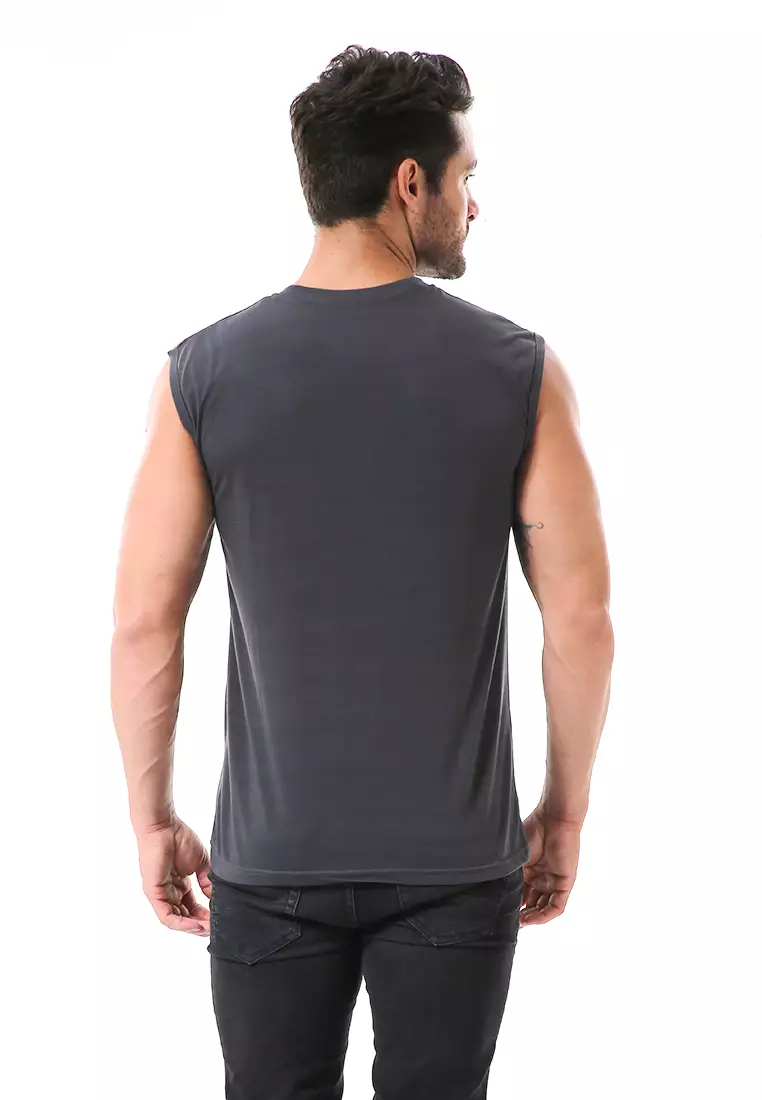 Bobby Atasan Kasual Pria Singlet Motif Three Sleeveless Tshirt Material Cotton ORIGINAL - Gray