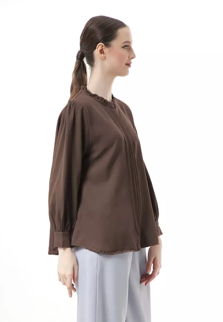 Vionka Kemeja Atasan Wanita Opnaisel Motif Polos - Brown