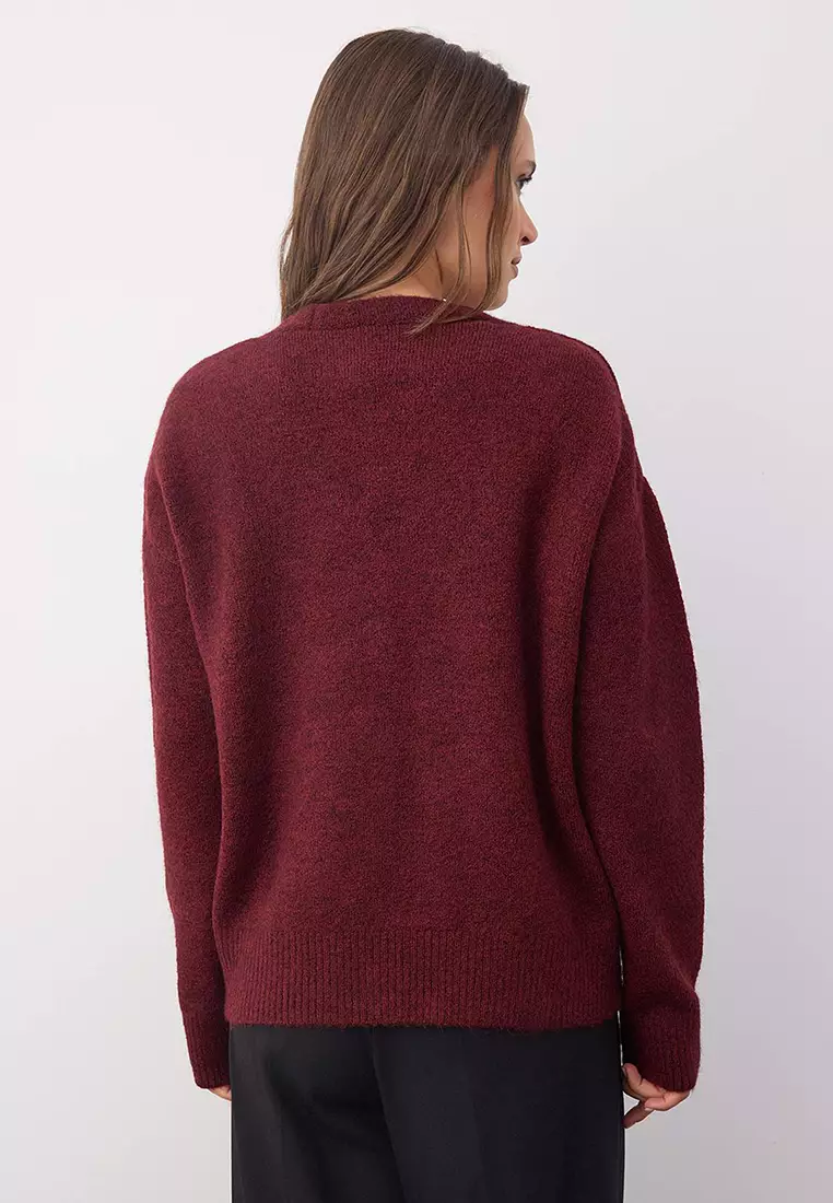 Wardrobe Essentials Burgundy Wool Wide-Cut V-Neck Knit Cardigan | Twoaw26Hi00083