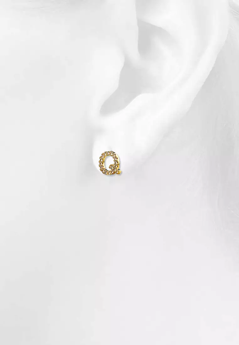 Solid 925 Sterling Silver Glamour Alphabet Letter Earrings Gold - Q