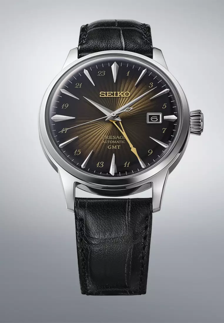 Seiko Presage ‘Rusty Nail’ Cocktail Time GMT Graduated Brown Dial Black Leather Band Automatic Watch SSK039J1