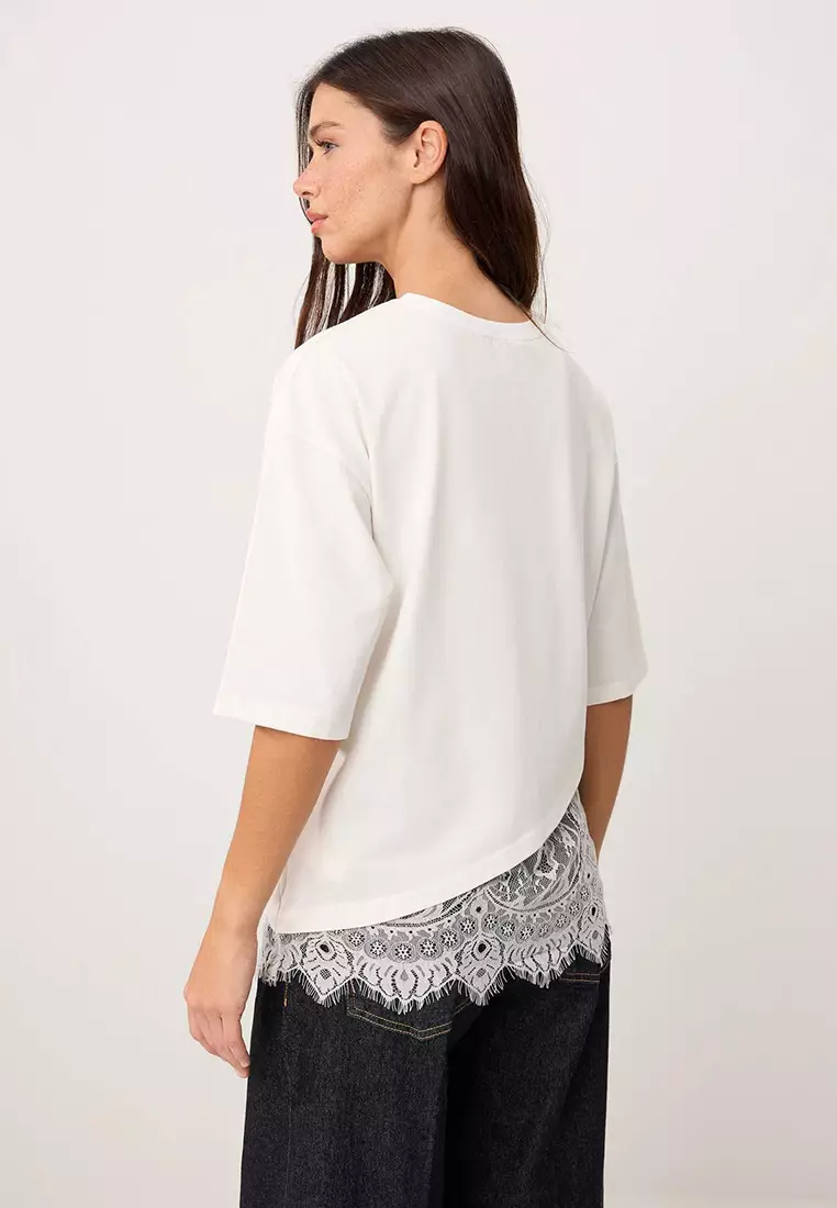 Ecru Regular/Normal Fit Lace Detailed Short Sleeve Knitted T-Shirt Twoss26Ts33