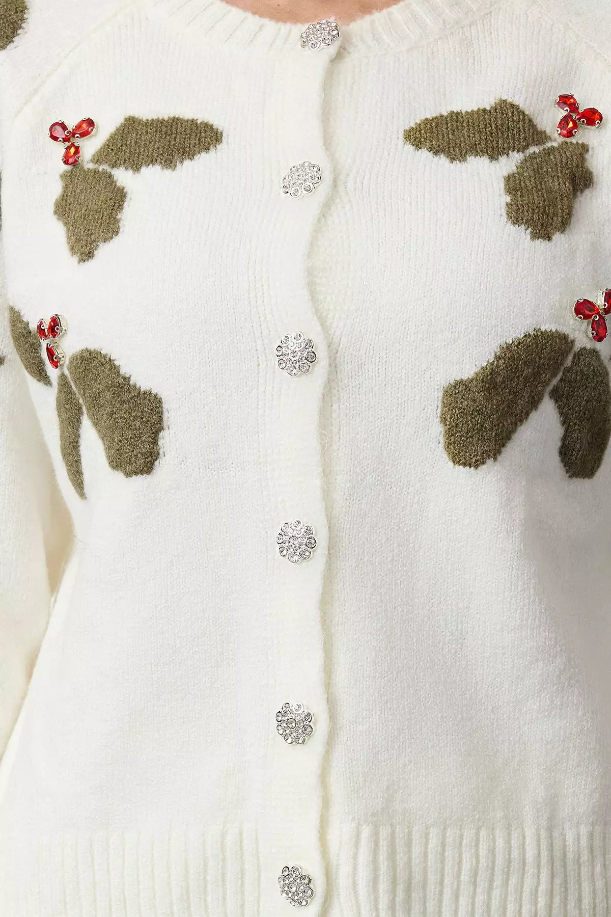Ecru New Year Themed Soft Texture Button Detailed Stone Embroidered Knitted Cardigan TWOAW25HI00343