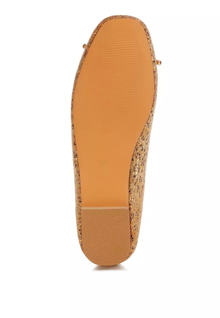 Bow Detail Embossed Suede Ballerinas Gold