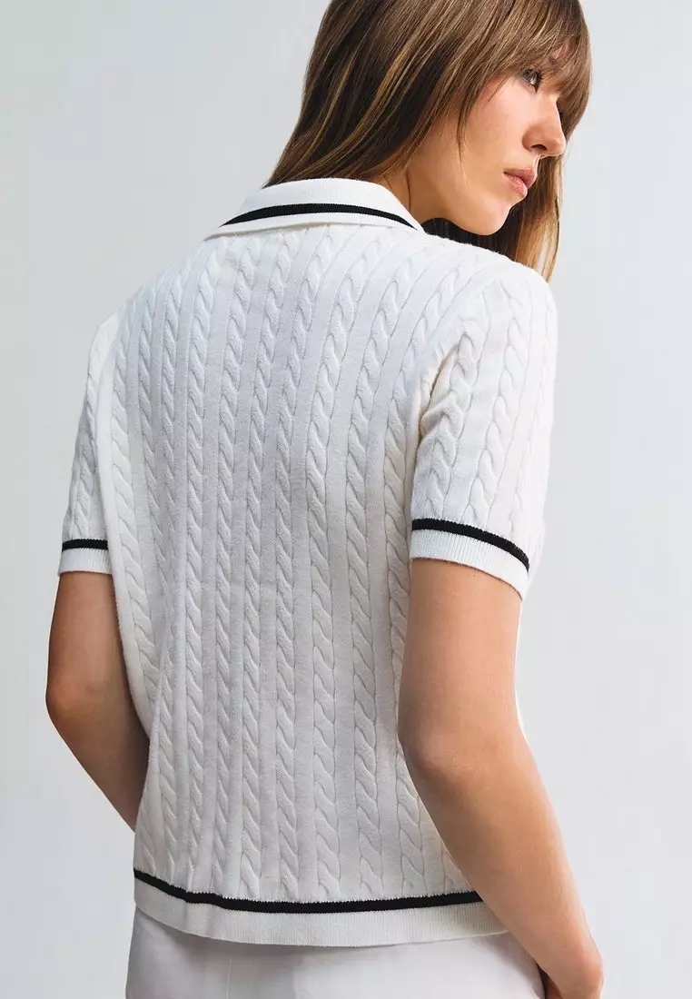 Cable Knitted Polo Top with Silver Hardware Detail - White