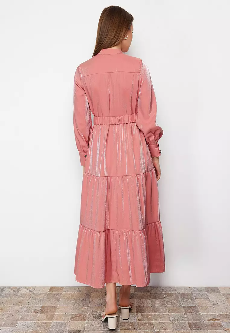 Pale Pink Shiny Satin Belt Detailed Skirt Frilly Woven Dress TCTSS24EB00169