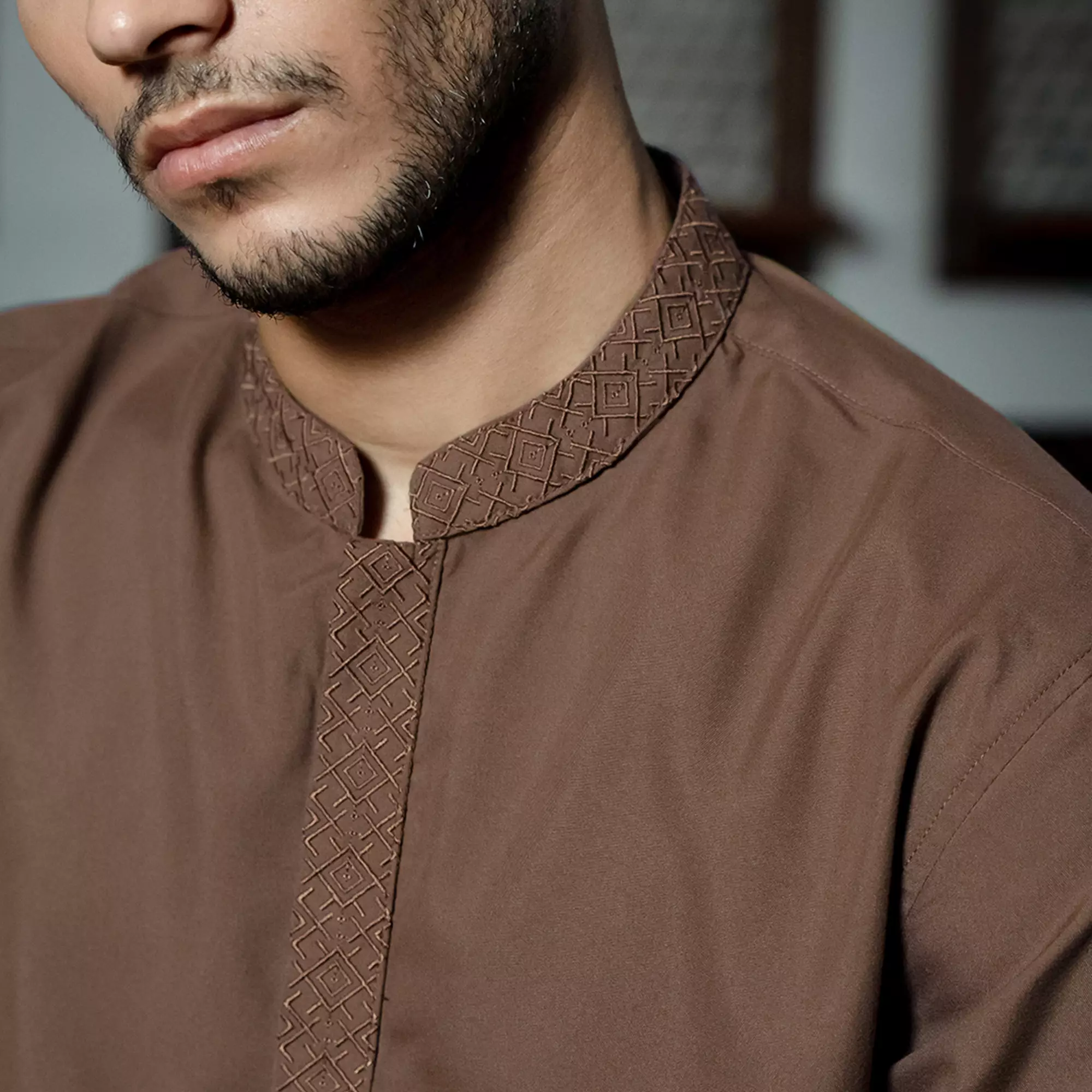 Kemeja Koko Bordir Azril Tangan Pendek Pria Muslim Dark Caramel