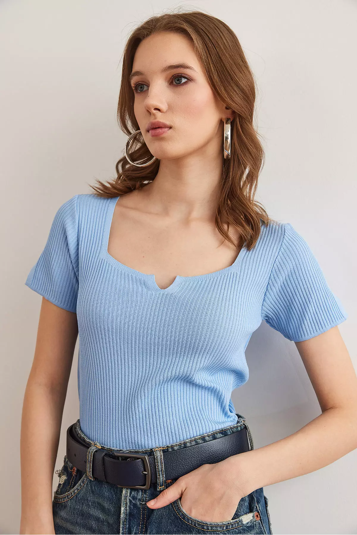 Women'S Baby Blue Collar And Sleeve Cutout Detailed Knitwear Blouse Blz- 19002884