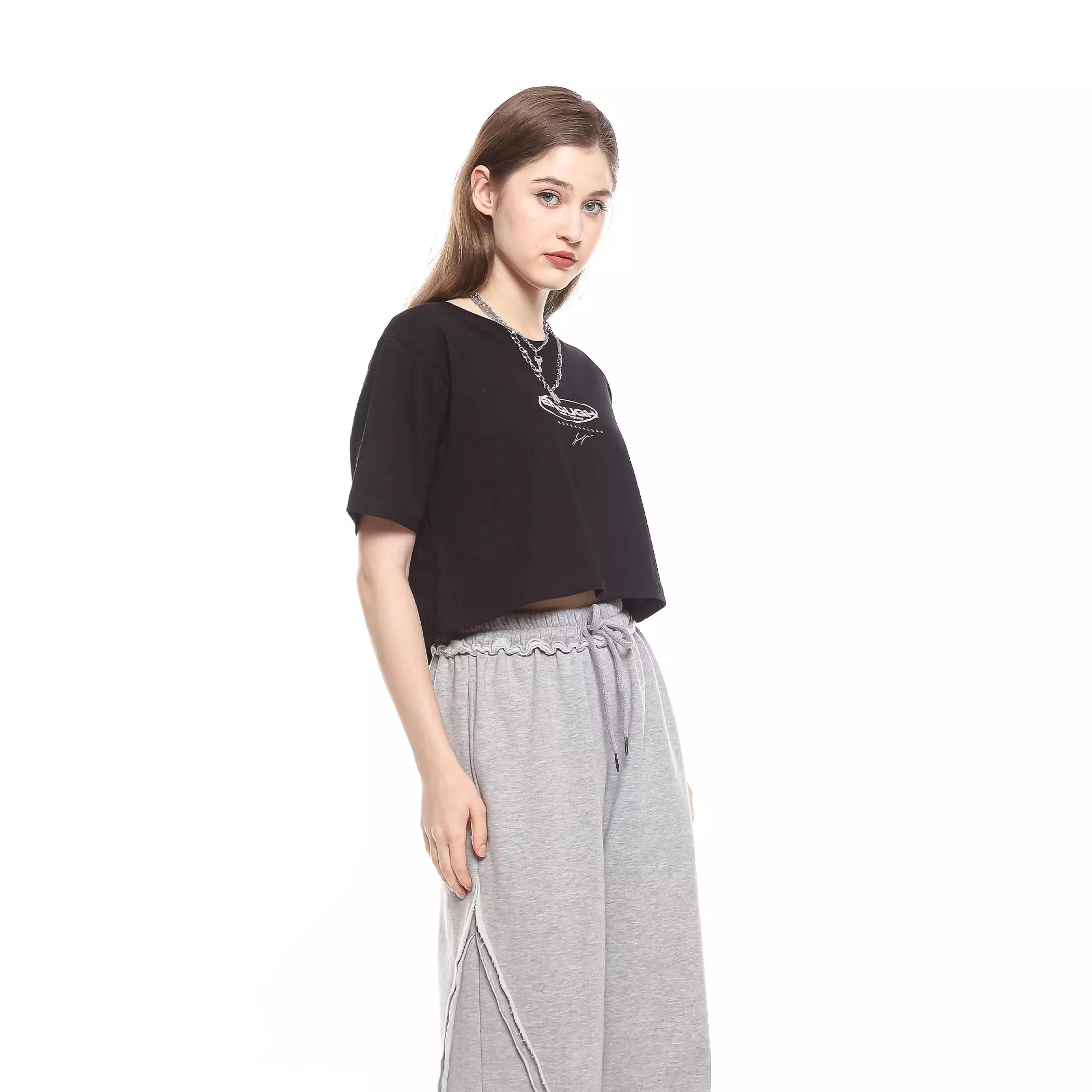 Enough For Today – Kaos Crop Oversize Wanita Hitam Y2K Silverykuiy | T-Shirt Foil Silver Cotton Combed 30s