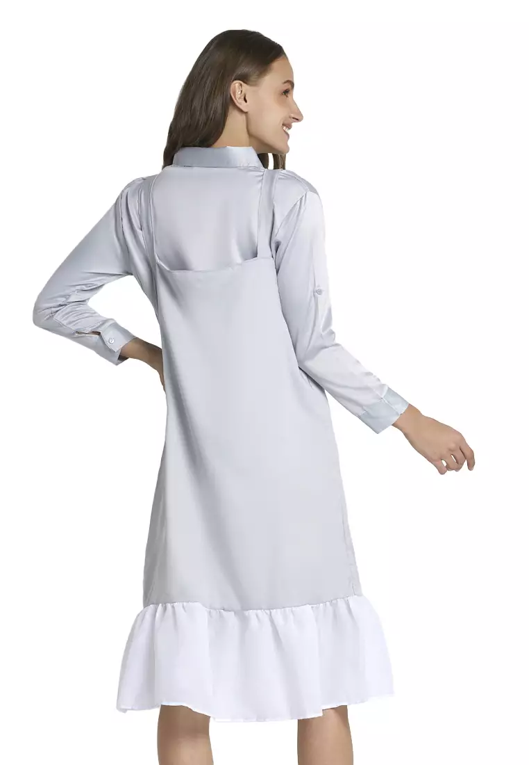 Gaynelle Overall Moscrepe Aiko Motif Solid Mini Dress Wanita Design Simple - Abu Muda