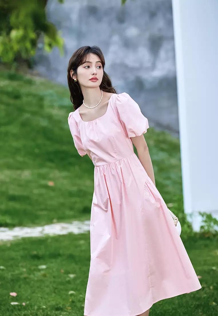 Plain Puff Sleeve Square Neck Summer Dress