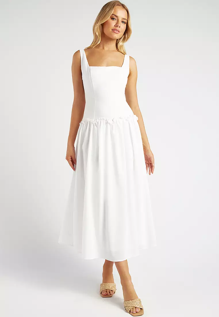 Drop Waist Scallop Frill Detail Midi Dress