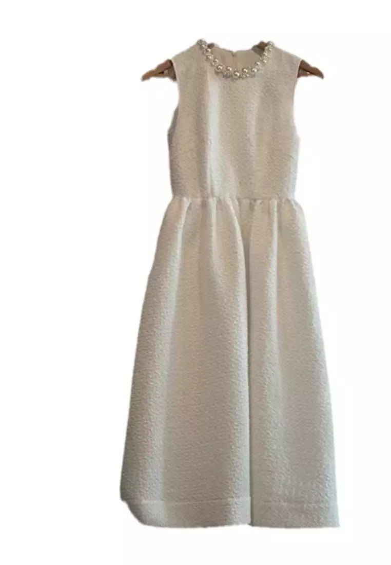 New pearl collar white sleeveless long dress K100208