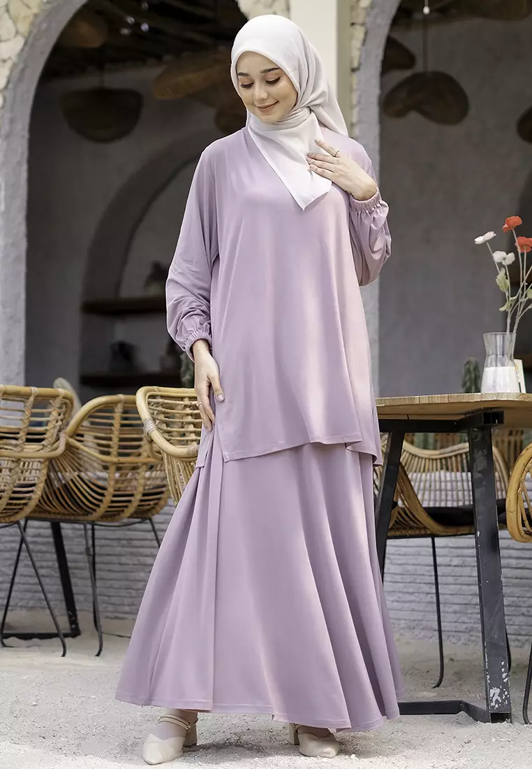 JV Hasanah Oneset Skirt Jersey Baju Kurung Lilac - Setelan Rok Jersey Baju Kurung Jumbo