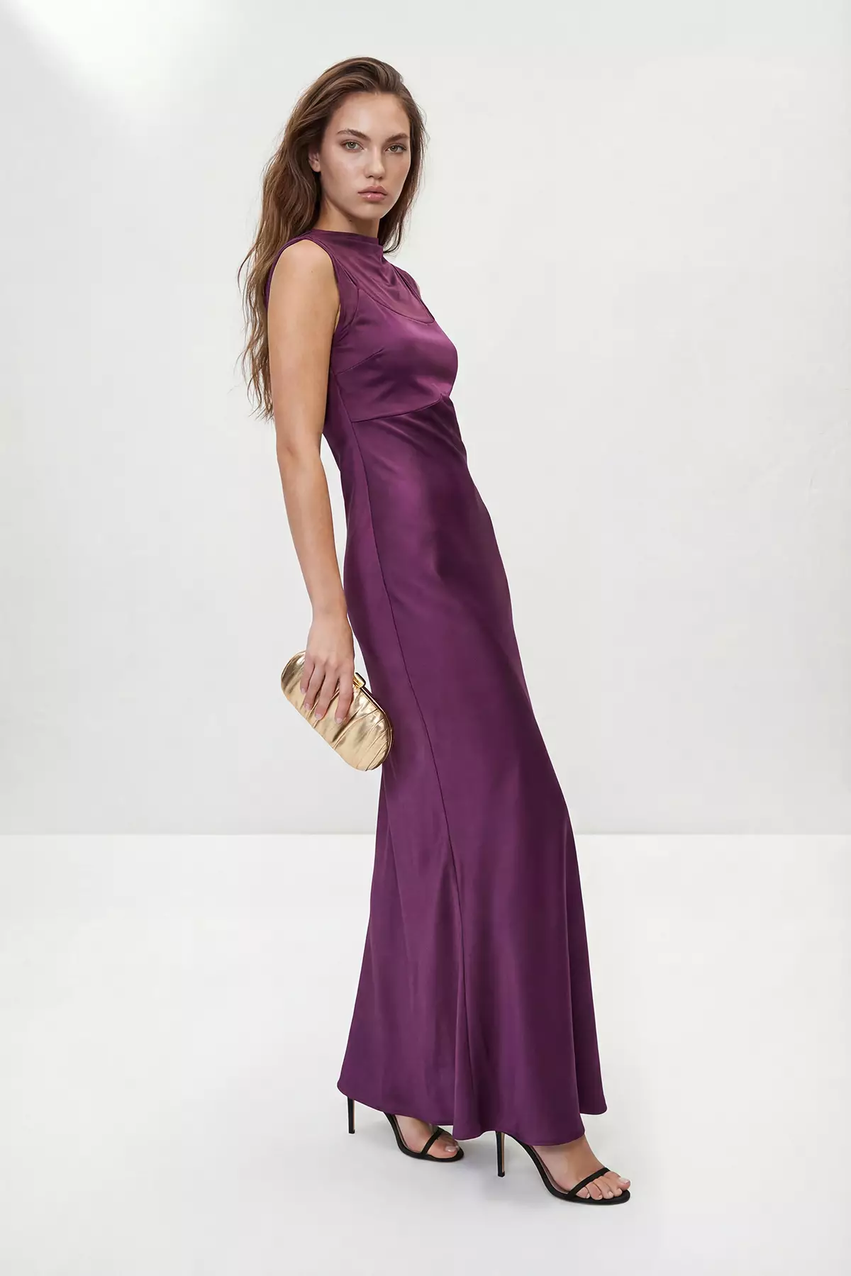 Plum Plain Satin Maxi Evening Dress & Graduation Gown Tprss26Ae168