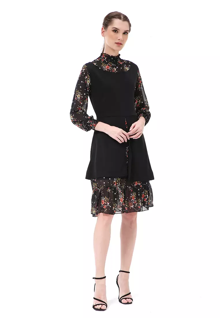 Rachel Midi Dress Wanita Lengan Panjang Turtleneck Material Cotton ORIGINAL - Black