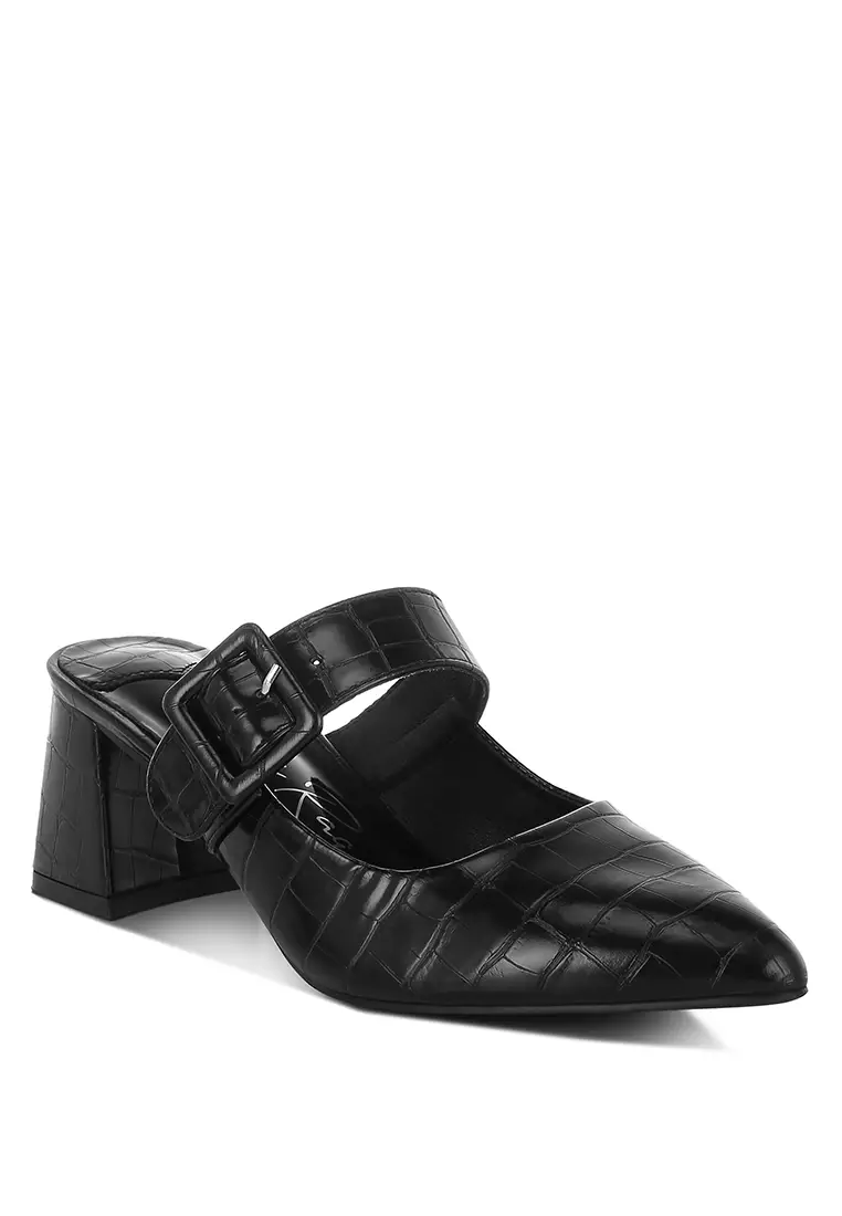 Croco Buckle Strap Detail Mules In Black