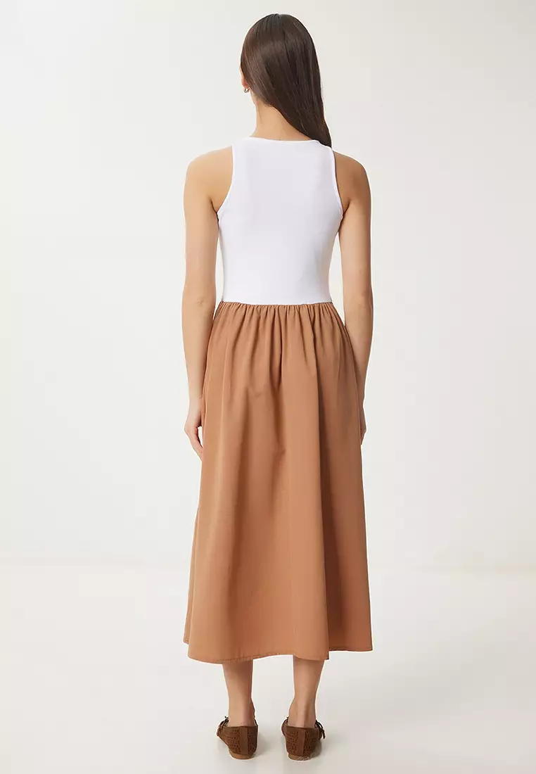 Women Camel White Stretchy Knitted Top Poplin Skirt Dress Ub00379
