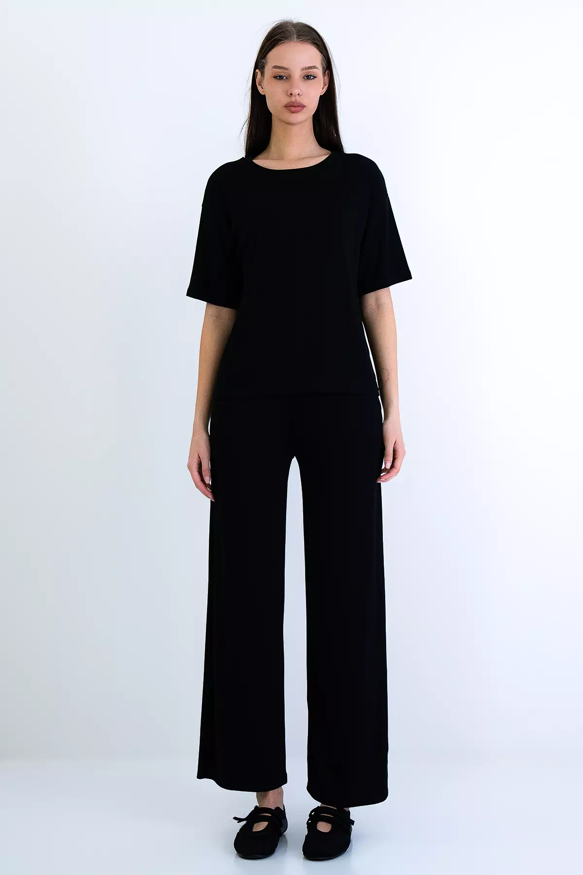 Black Crew Neck Modal Basic Blouse And Double Pocket Trousers Set Alc-X15221