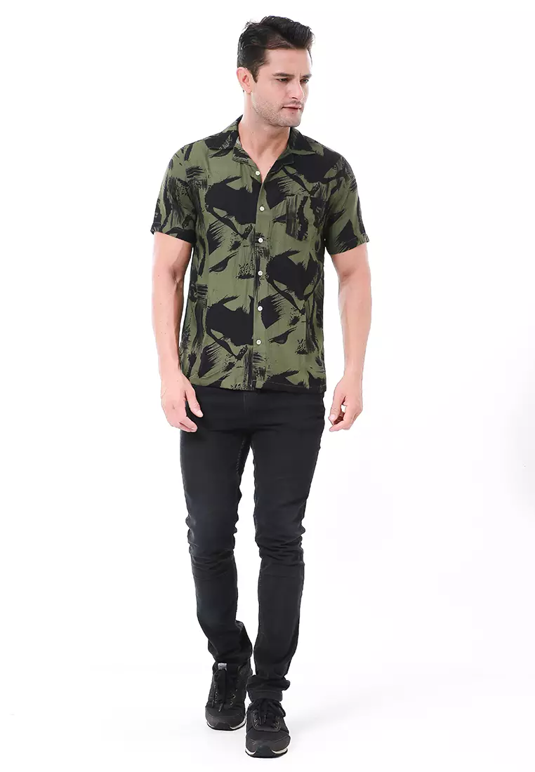 Leopold Kemeja Printing Pria Abstrack Motive Lengan Pendek Material Rayon ORIGINAL - Green Black