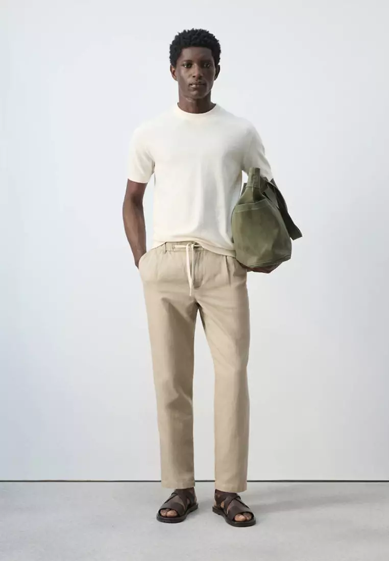 Slim Fit Cropped Linen-Cotton Trousers