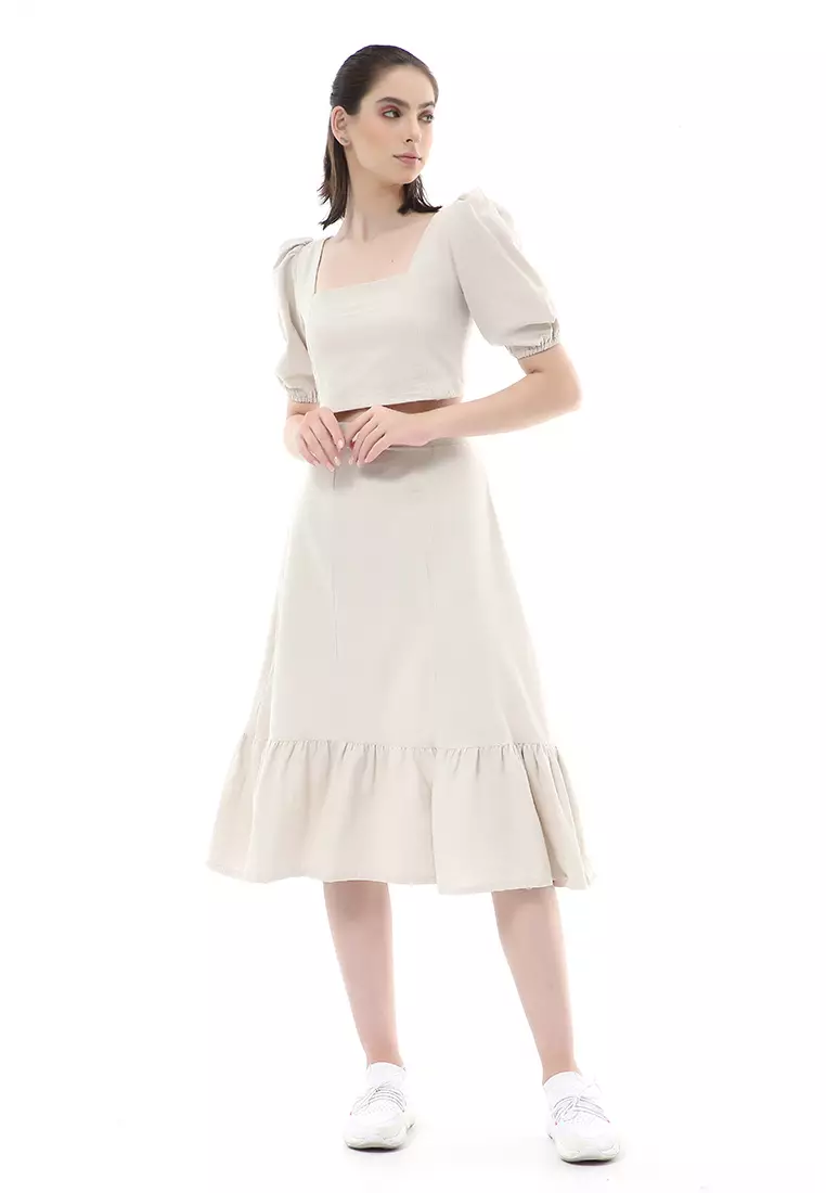 Nayra One Set Setelan Wanita Blouse Ruffle Lengan Pendek Midi Skirt Material Linen ORIGINAL - Sand